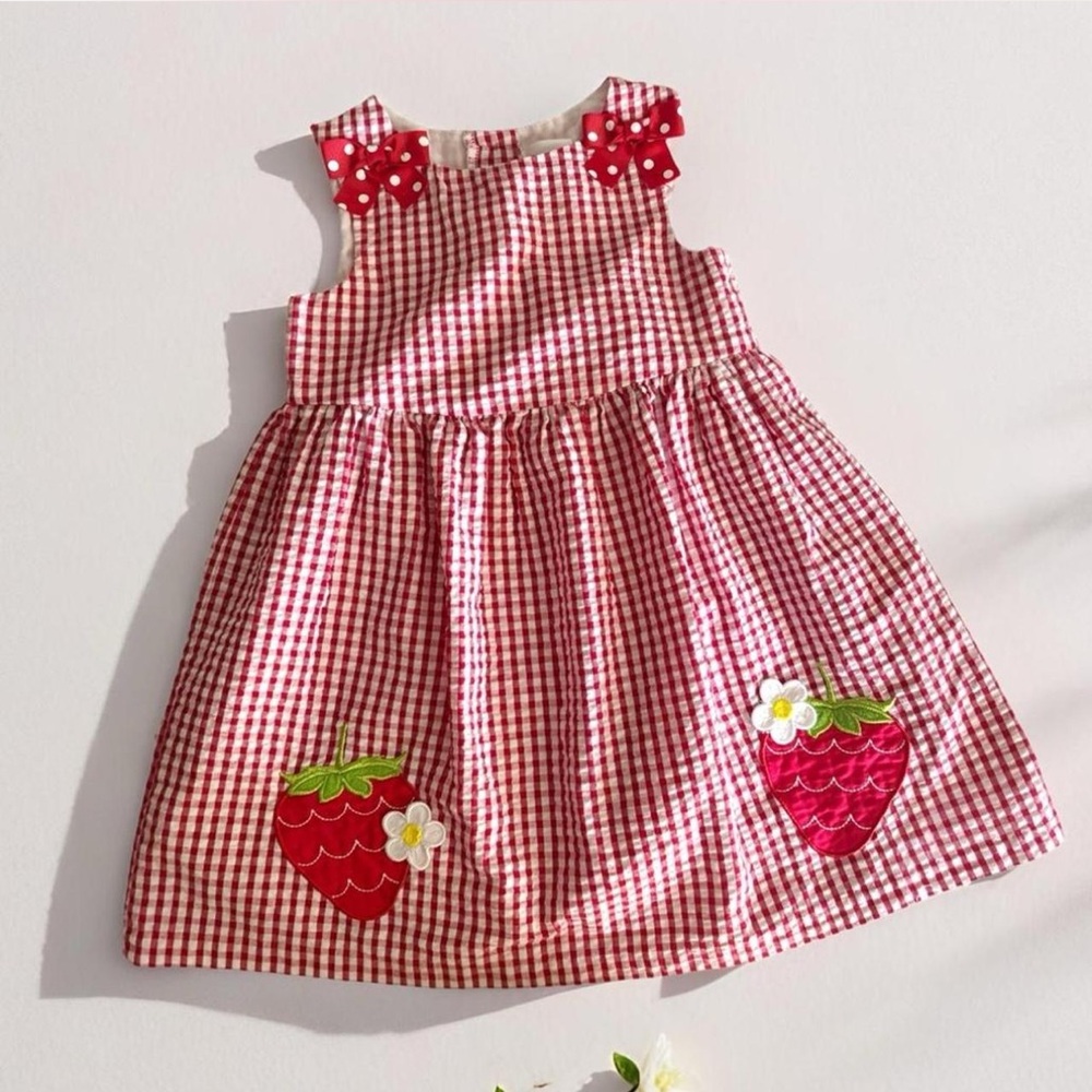 Adorable Red Gingham Dress with Strawberry Appliqués